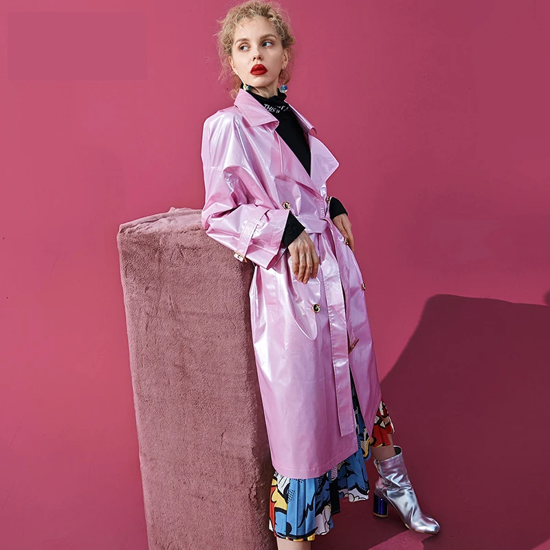 Lautaro Pink long patent leather trench coat for women long sleeve double breasted oversized high fashion womens clothing 2020