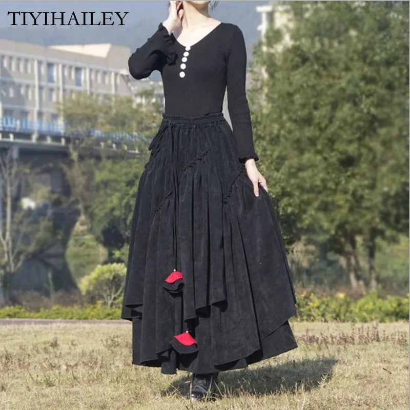 

TIYIHAILEY Free Shipping Long Maxi A-line Elastic Waist Women Winter Thick Warm Chinese Style S-2XL Corduroy Irregular Skirts