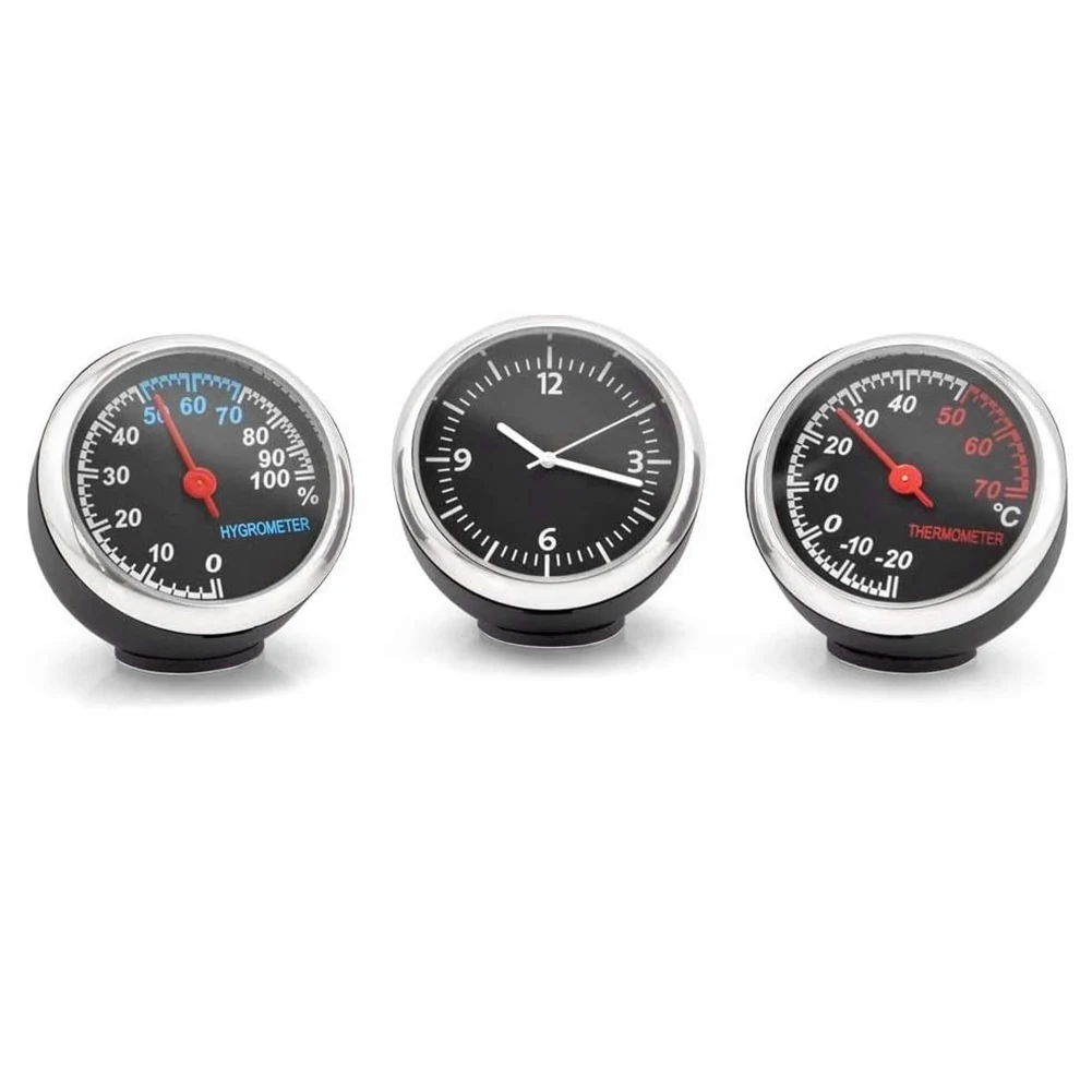 Car Clock Thermometer Hygrometer Durable Quartz Glass Mirror Internal Stick-On Dashboard Auto Interior Ornament Styling