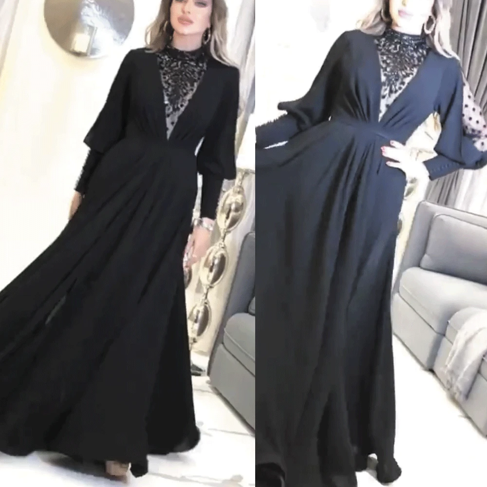 SuperKimJo Black Prom Dresses Long Sleeve Beaded Elegant Vintage Muslim Arabic Prom Gown Vestido De Festa Gala Jurken Dames