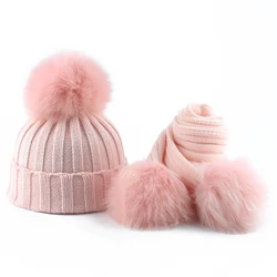 Chapéu e cachecol de inverno para bebês, chapéu e cachecol para meninas, meninos, crianças, pele de raposa real, gorro de tricô, 3 peças, chapéu pom pom