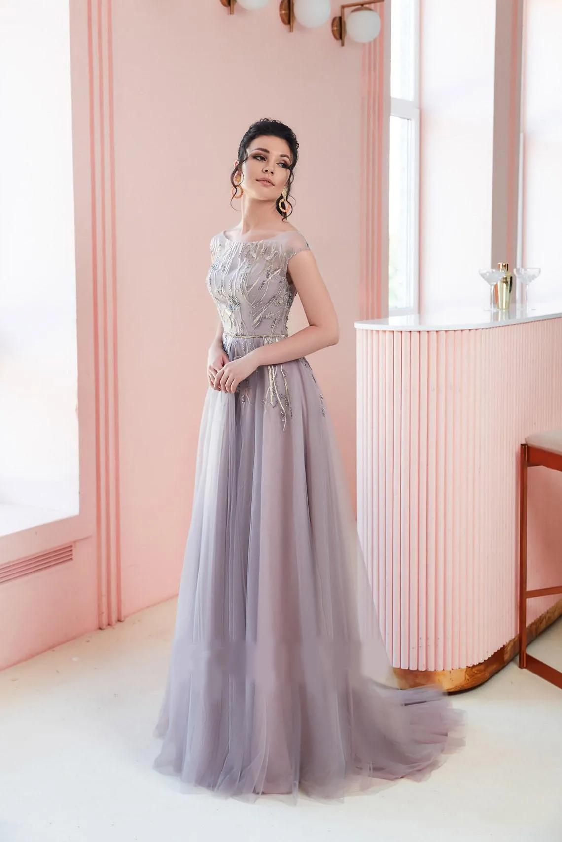 Abito da sposa colorato grigio abito da cerimonia nuziale in Tulle ricamato Blush A Line abito da ballo abito da sera lungo con perline in pizzo floreale