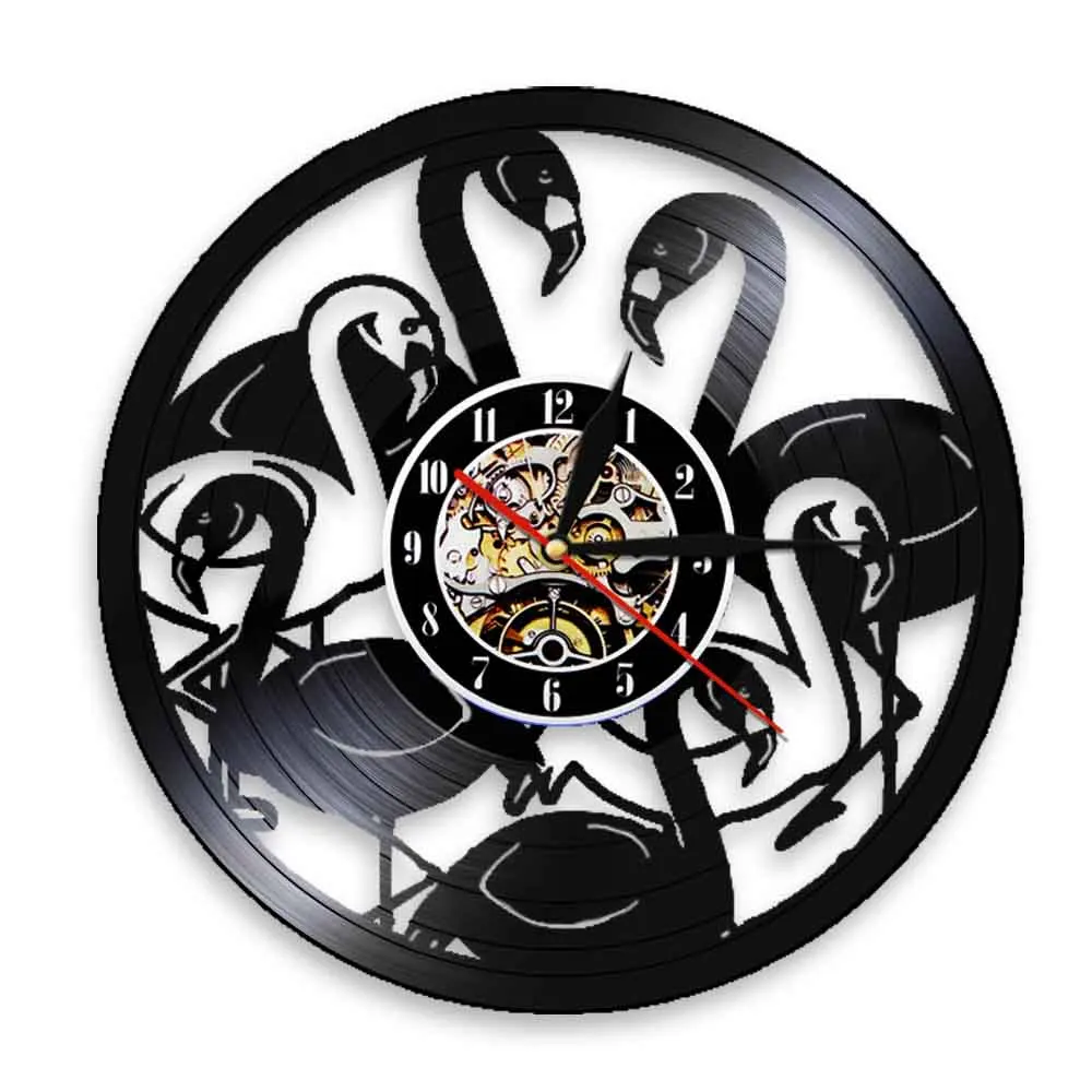 Flamingo Vinyl Record Wall Clock Best Friend Gift Pink Flamingo Black Hanging Clock 3D Wall Clock Watches Flamingo Party Decor