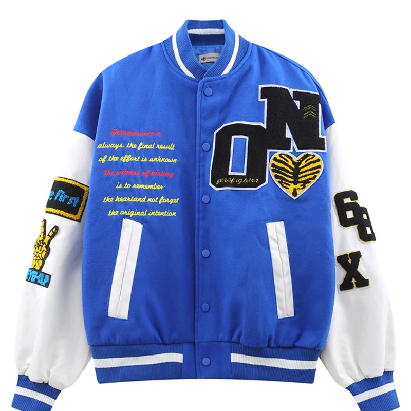 Men PU Leather Stitching Sleeve Varsity Jacket Couple Letter Embroidery Contrast Loose Baseball Uniform Male Fall Creative Coat