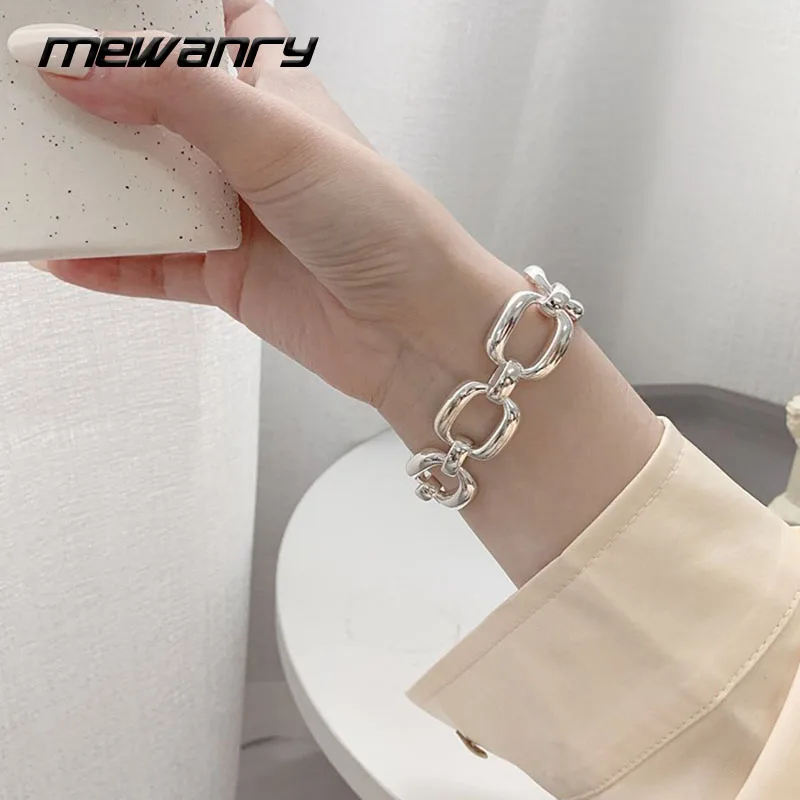 MEWANRY Silver Color Thick Chain Bracelets for Women New Fashion Simple Hollow Geometric Design Party Jewelry Wholesale