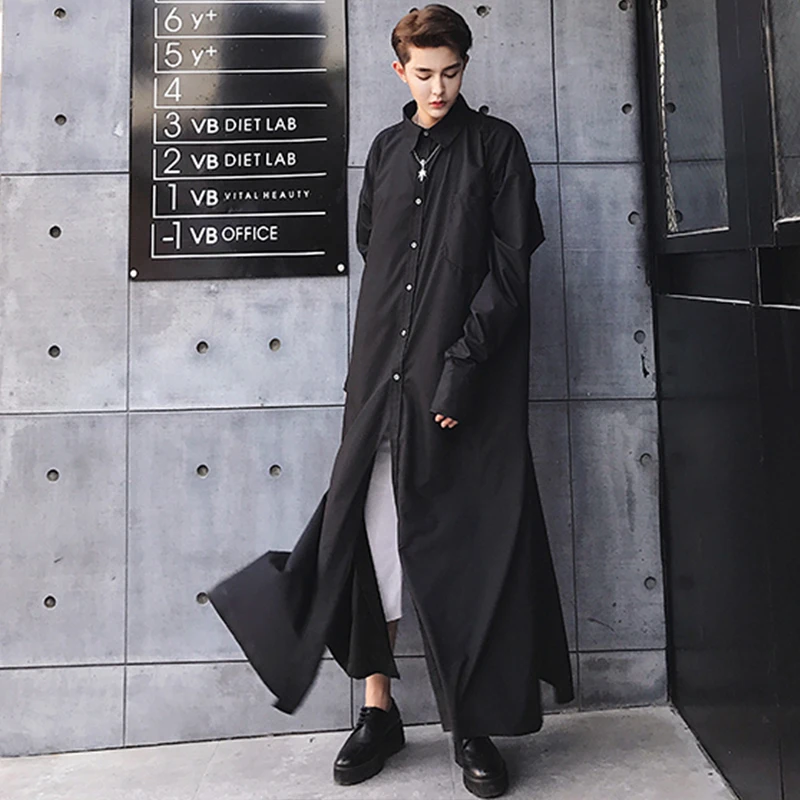 Over the knee casual Korean long men\'s fashion BF super long shirt skirt loose Pajama wind shirt shirt dark men\'s wear