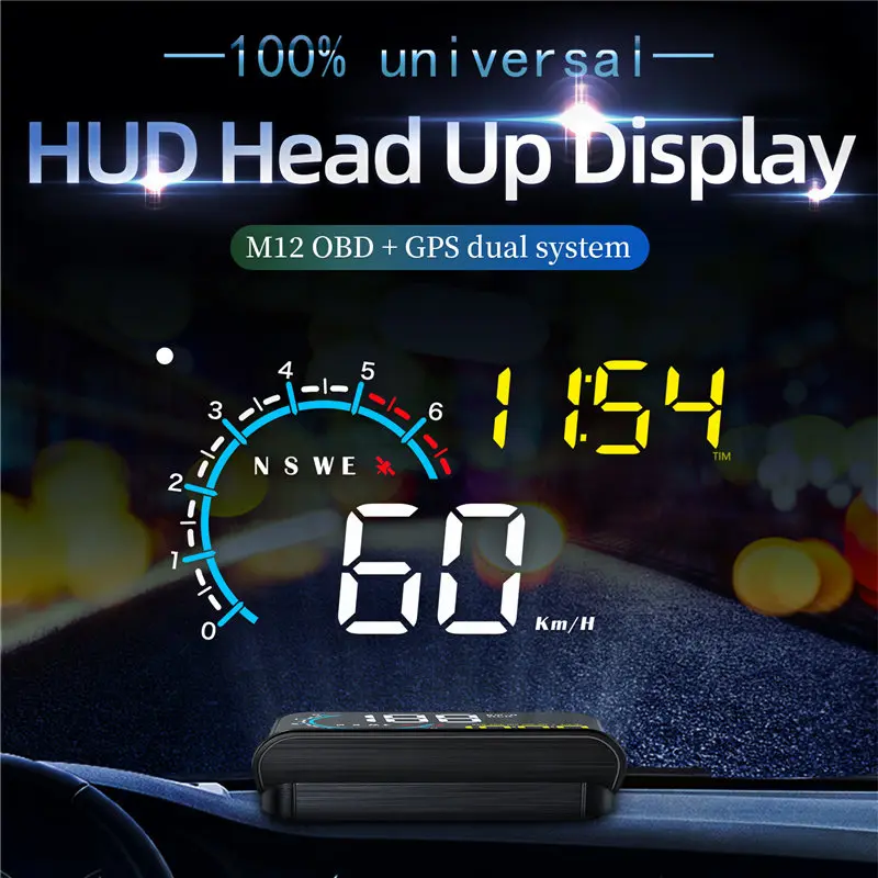 M12 Car HUD Head Up Display on-board Computer Overspeed Warning OBD2 GPS Speedometer Projector KMH KPM Compatiable with All Cars