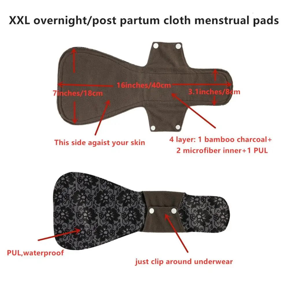 [Sigzagor] XXL Cloth Menstrual Pad Sanitary Bamboo Charcoal Reusable Overnight Post Partum 16in