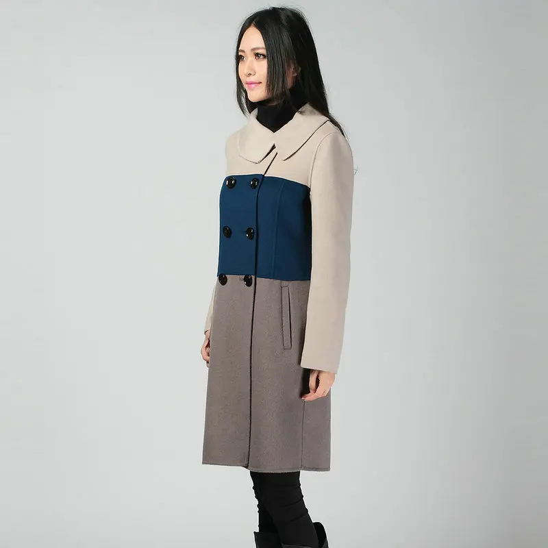 

Women Wool Cashmere Coat Double Breasted Woolen Tweed Overcoat Beige Gray Blue Colour Block Design Outfits Mandeau Femme Attire