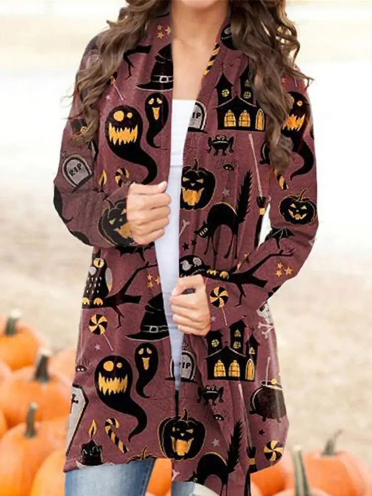 Halloween Cardigan For Women Sweater Top Long Blouse Ladies Sleeve Funny Cute Pumpkin Coat Clothing Holiday Gifts