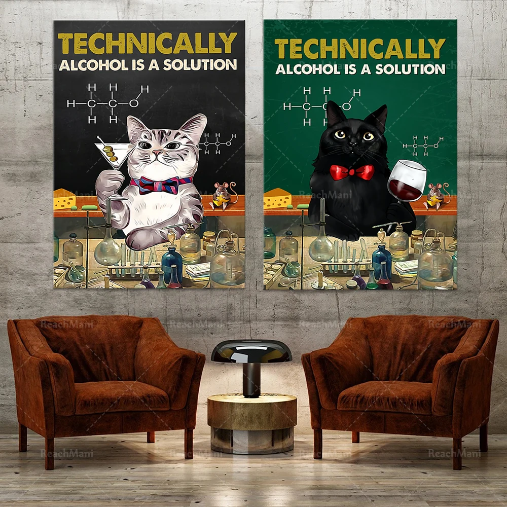 

Cat Poster-Technically, alcohol is a solution, black cat art prints, gifts for alcohol lovers, science wall art, cat love prints