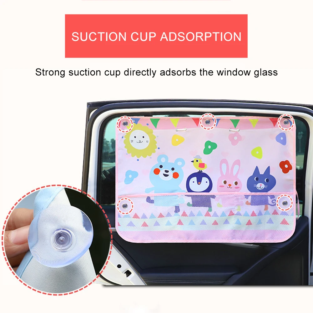 Summer Sun Shade Parasol Curtains for Baby Window Sunshade Cute Cartoon Car Window Adjustable Sunscreen Curtain Storage Net