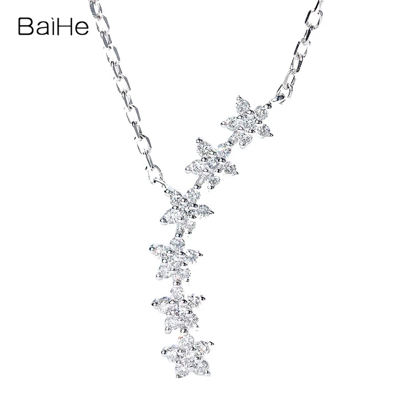 BAIHE Solid 18K White Gold 0.14ct H/SI Natural Diamond Flower Necklace Women Clavicle Chain Engagement Fine Jewelry Colar Flores