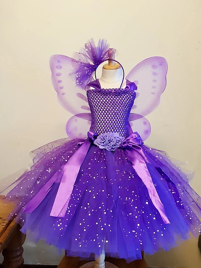 Girls Purple Glitter Fairy Tutu Dress Kids Crochet Tulle Flower Dress Ball Gown with Wing Hairbow Children Party Costume Dress