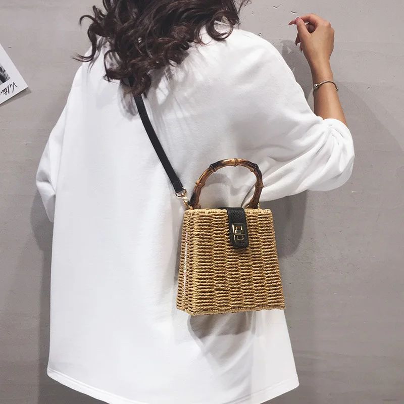 Square Rattan Bag Women\'s Handbag Handmade Beach Straw Bag Female Shoulder Messenger Bags Weaving Wood Tote Crossbody Bag 2020