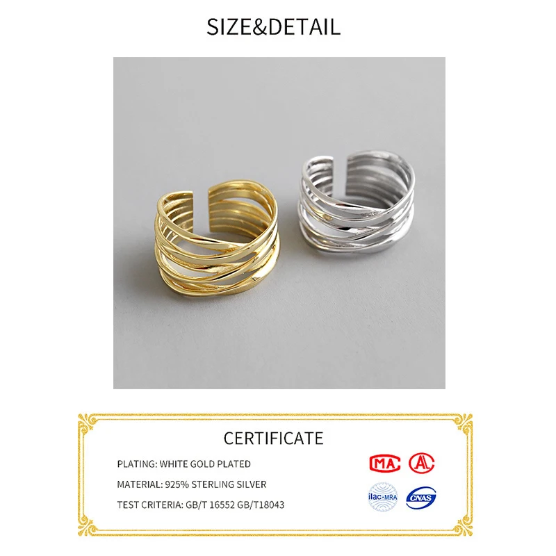 100% 925 Sterling Silver otwarty pierścień dla kobiet INS minimalistyczny nieregularny wzór fali złoty kolor biżuteria Bijoux urodziny