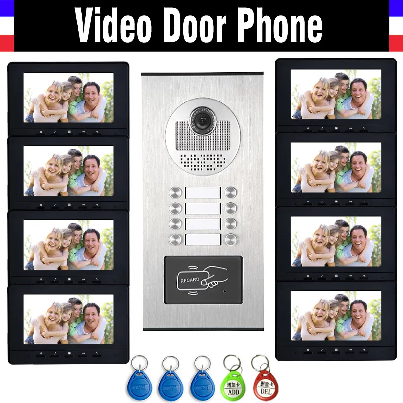 

8 Units Apartment Intercom System Video Intercom Video Door Phone Kit HD Camera 7" Monitor with RFID keyfobs for 8 Household