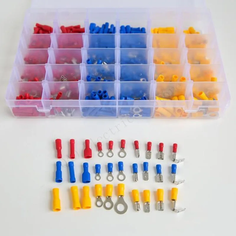 

500PCS Cold Pressure Connection Terminal Red Blue Yellow Boxed Connect Group Combine Assorted Wire Terminals Crimp