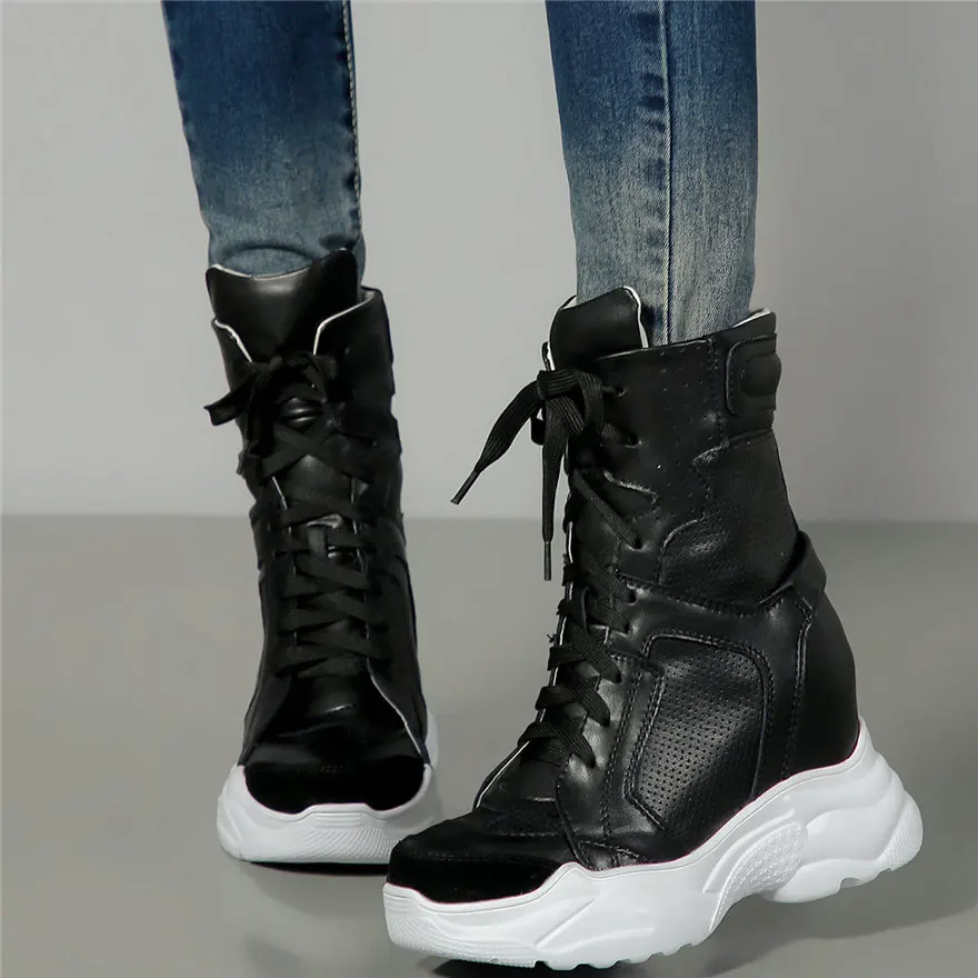 Casual Shoes Women Lace Up Genuine Leather High Heel Platform Pumps Shoes Female Breathable High Top Round Toe Fashion Sneakers