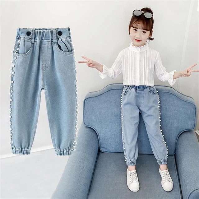 Jeans ragazze autunno indossare pantaloni di Jeans blu perla Jeans con perline per neonate pantaloni per bambini 3 5 6 7 8 9 10 anni vestiti per neonati AliExpress
