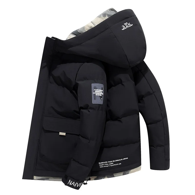 Inverno quente dos homens cor sólida casual parkas nova marca capuz colarinho quente grosso jaqueta masculina moda térmica inverno parka hat