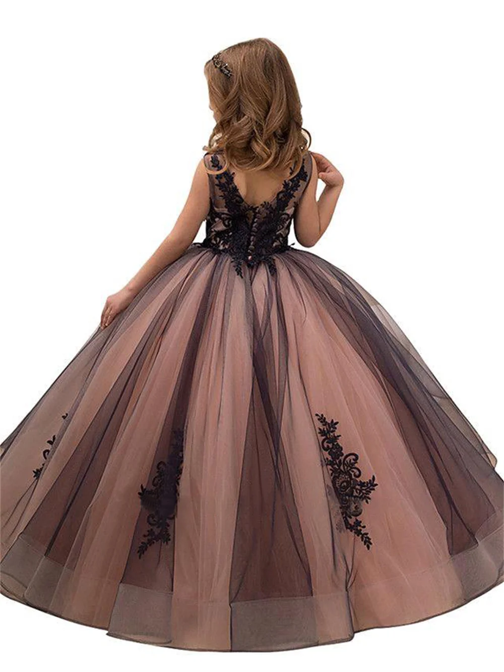 Elegant Black Lace Tulle Flower Girl Dresses 2025 V Neck Button Back Ball Gown Princess Girls Dress Robe Princesse Enfant Fille