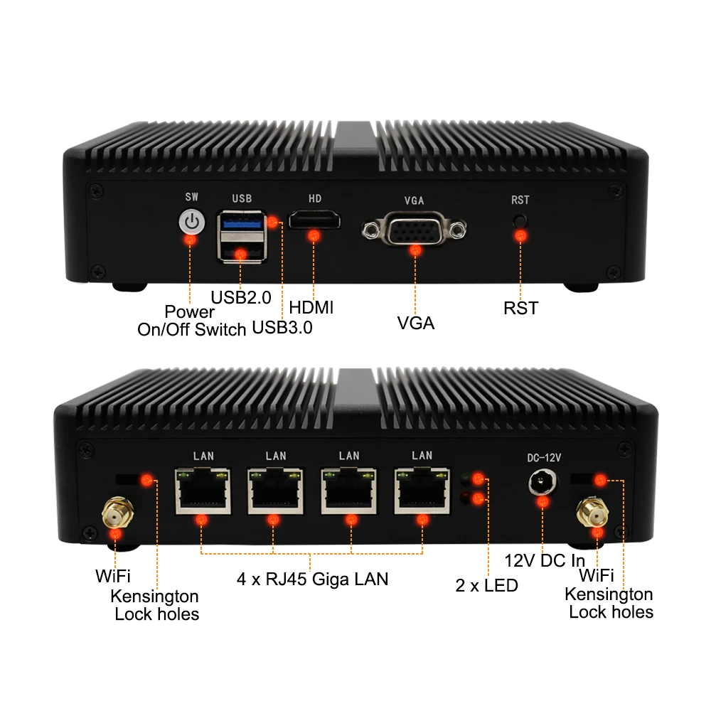 Eglobal Mini PC Pfsense senza ventola con Intel Celeron J1900 N5095 J4125 4Lans Mini Router TV Box 4K per VGA HDMI 2.5G M.2SSD