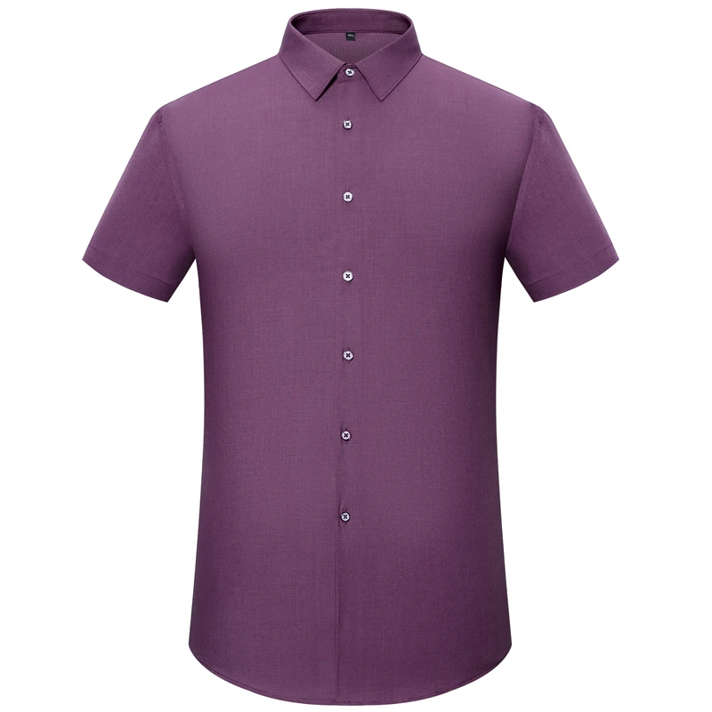 Men's Summer Casual Short Sleeve Bamboo-fiber Solid Dress Shirts Pocketless Formal Business Standard-fit Easy Care Office Shirt