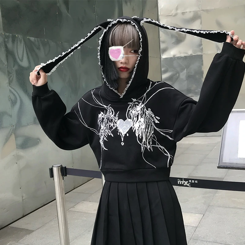 Y2k Harajuku Sweatshirts Gothic Grunge Mechanical Rabbit Ears Hooded Black Hoodie Women Autumn Punk Hoodies Fashion Streetwear