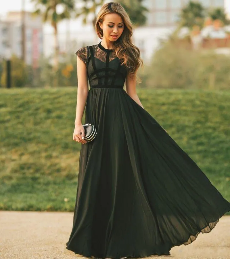 Elegant Sheer Lace Black Evening Dress 2024 Capped Sleeves Chiffon Modest Prom Party Gown Vestidos Fiesta Robe De Soirée