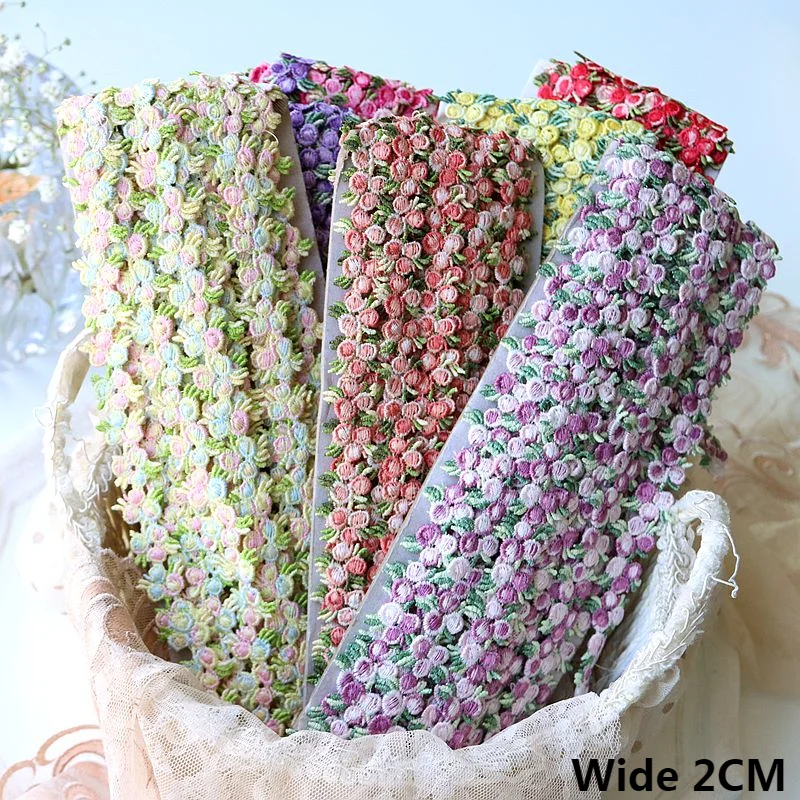 2CM Wide Pastoral Colorful Gradient 3d Flowers Embroidery Ribbon Lace Applique Sewing Trim DIY Headwear Hat Clothing Accessories