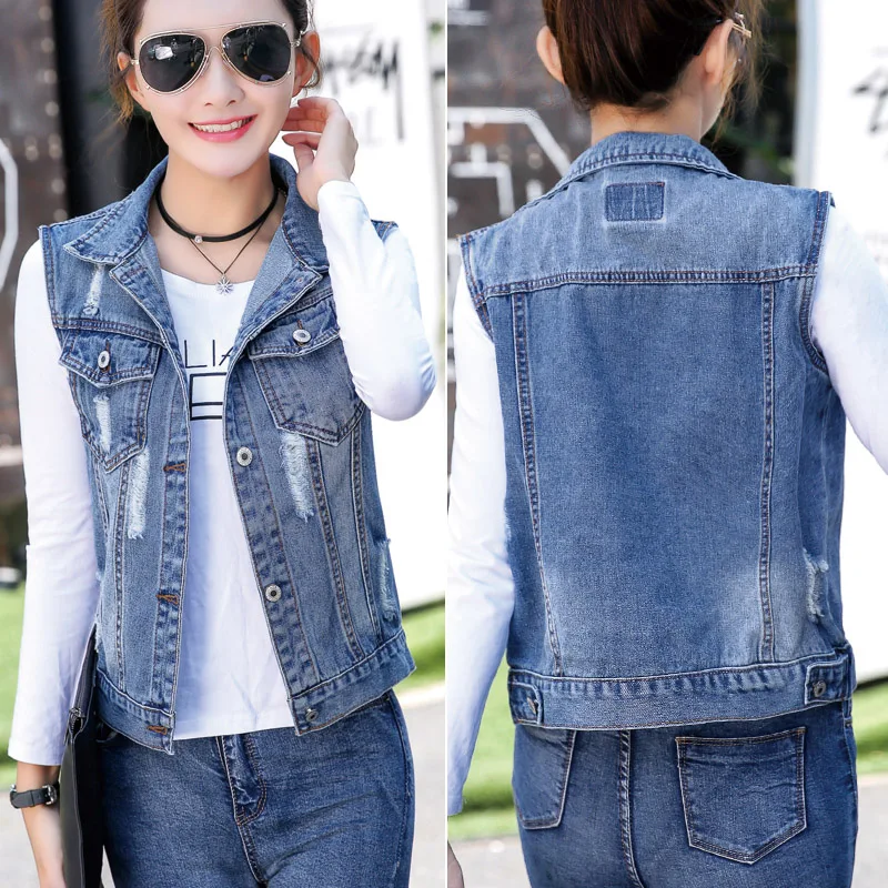 2022 Spring Autumn Women's Denim Vests Coat Sleeveless Casual Tops Female Ripped Jeans Waistcoats Denim Short Jackets S-6XL