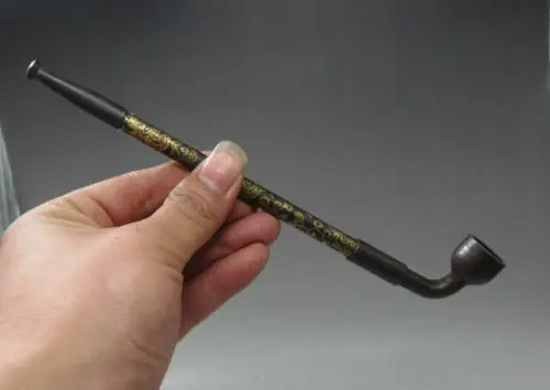 Old Peking Collectibles Decorated Handwork Copper Painting Flower Smoking Pipe