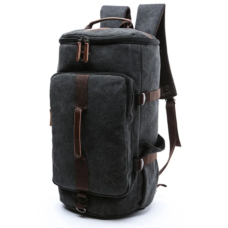 Men Large Capacity Cylinder Backpacks Canvas Luggage Shoulder Bags Duffle Travel Waterproof Solid Leather Casual Case