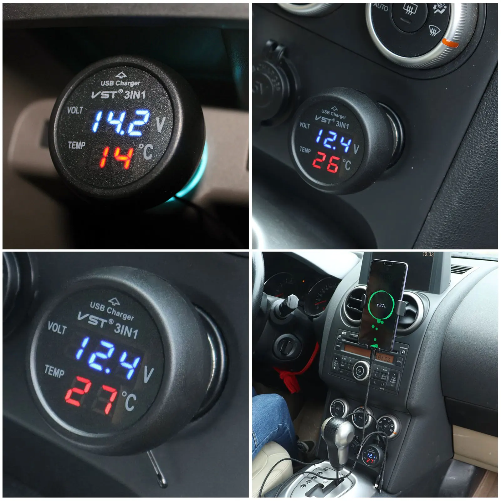 Multi-function Car Voltage Multifunctional Table LED Digital USB Phone Charger 12-24V Car Charger