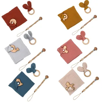 100% mousseline coton bébé réconfortant serviette lapin anneau en bois nouveau-né sucette chaîne bébé anneau de dentition ensemble
