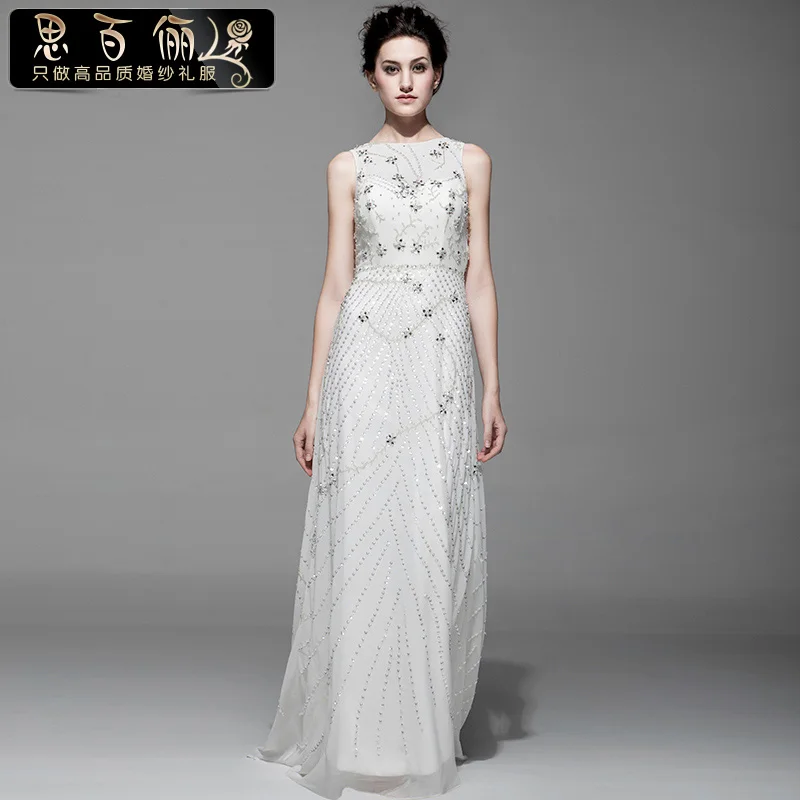 free shipping 2013 woman dress designer luxury beading paillette double-shoulder design formal evening gowns white long dresses