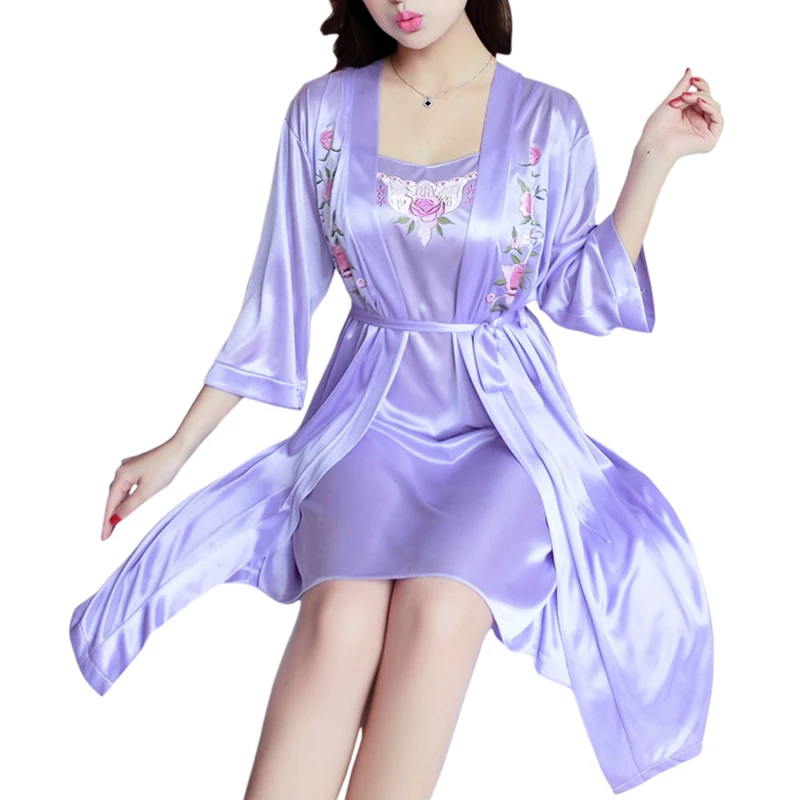 Ladies Nightdress New Summer Thin Ice Silk 2PCS Home Service Sexy Strap Mini Dress Short-sleeved Robe Sets Female Nightgown 1930