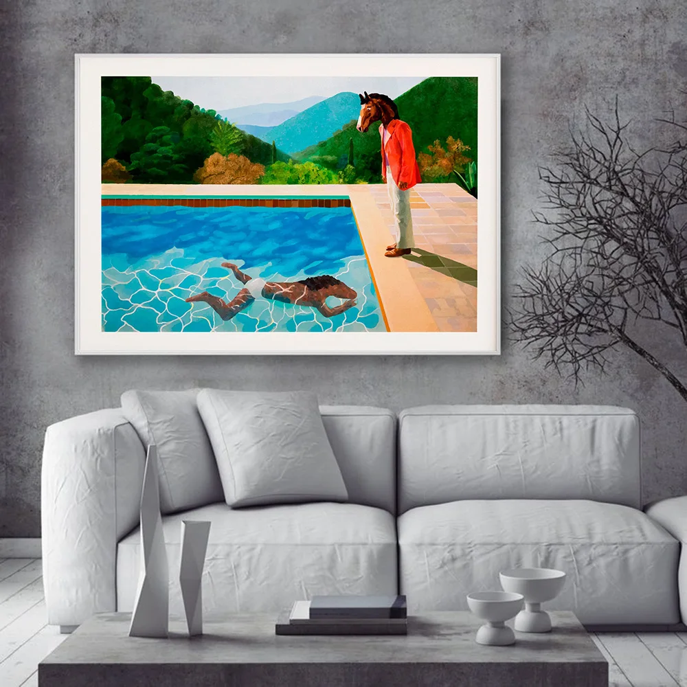 Print Poster David Hockney Inspired Two Horses Swimming Pool Canvas Painting Art Cartoon Picture Living Room Home Decor