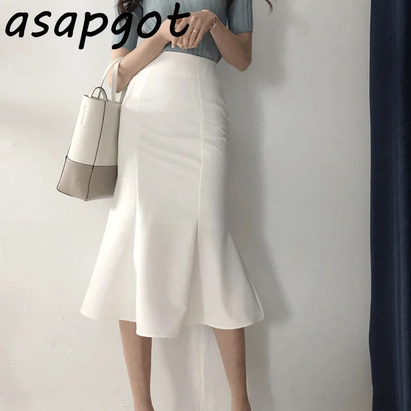 Skirts Summer New Korea Chic Temperament Elegant Slim White High Waist Mermaid Skirt Women Office Lady Ruffles Wrap Hip Faldas