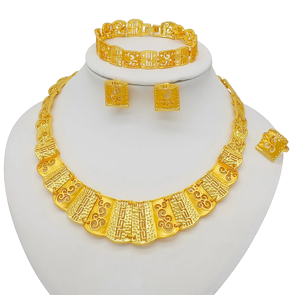 2021 Nigeria Dubai Gold Color Jewelry Sets African Bridal Wedding Gifts Party For Women Bracelet Necklace Earrings Set Collares