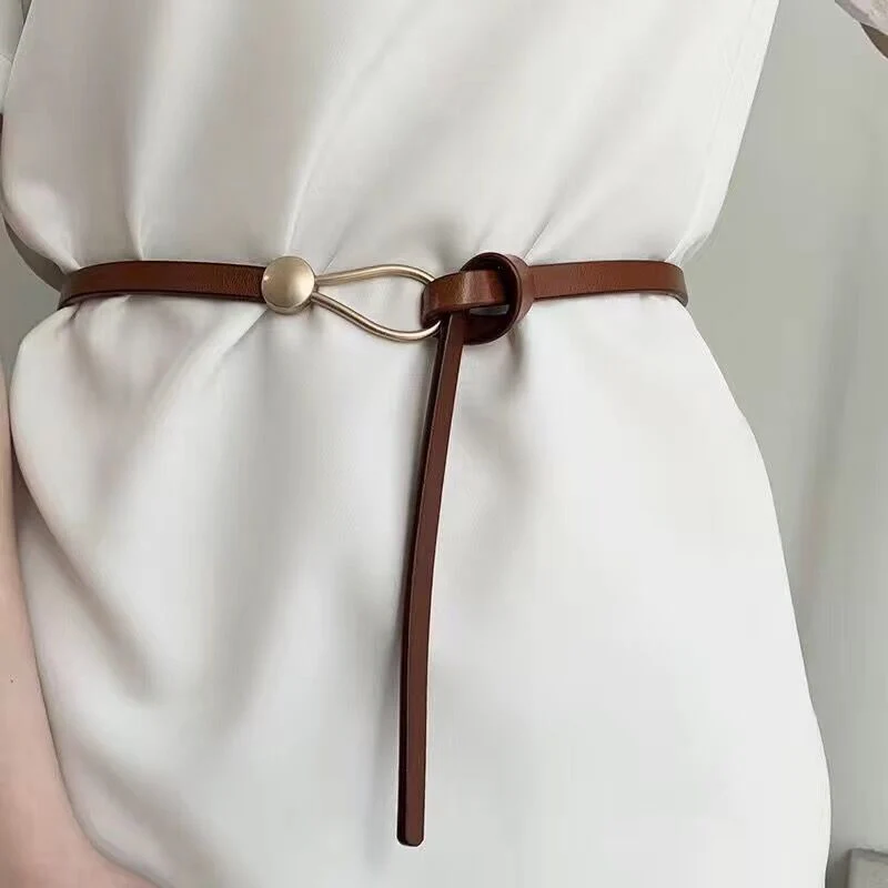 New Thin Leather Belt Female White Black Bow Leisure Belts for Women Loop Strap Belts Knotted Dress Coat Waistband Accessories