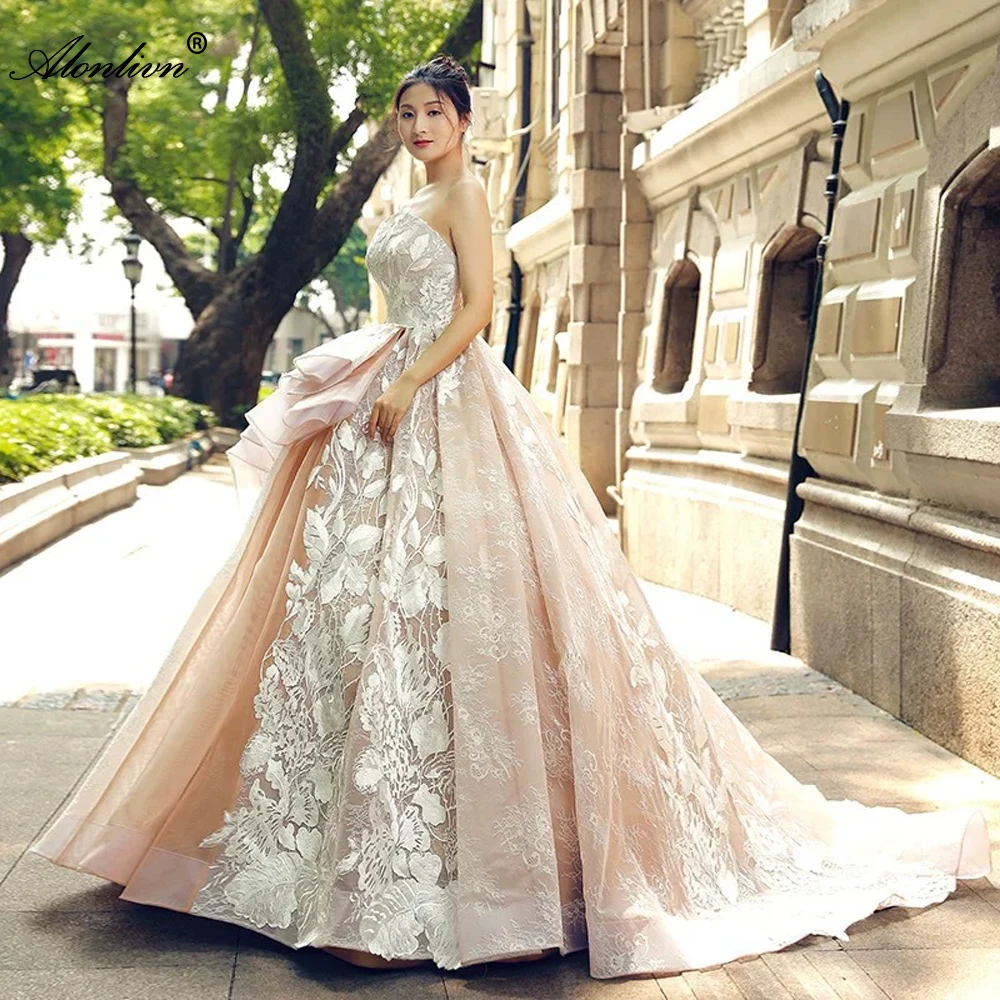 Alonlivn Customize Beauty Floral Prints Strapless Ball Gown Wedding Dresses Embroidery Appliques Lace Up Elegant Bridal Skirts