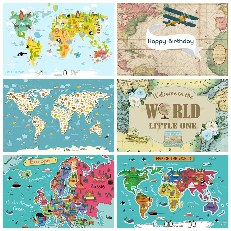 Yeele Photocall World Map Animals Baby Birthday Photography Background Transportation Party Photographic Backdrop Photo Studio