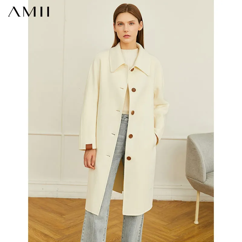 Amii Minimalism Winter Woolen Coat Women Elegant Single Breasted Long Jacket Fashion Loose Overcoat Female Wool Coat 12141003