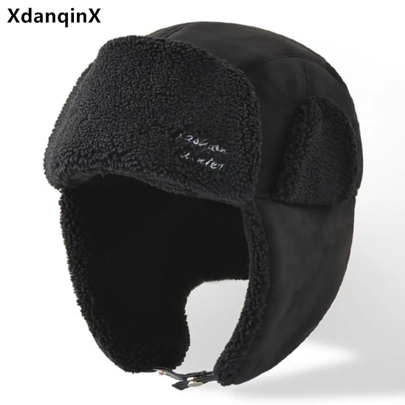 XdanqinX New Winter Men And Women Earmuffs Hats Lamb Velvet Fluff Thickened Warm Bomber Hats Windproof Thermal Couple Ski Caps