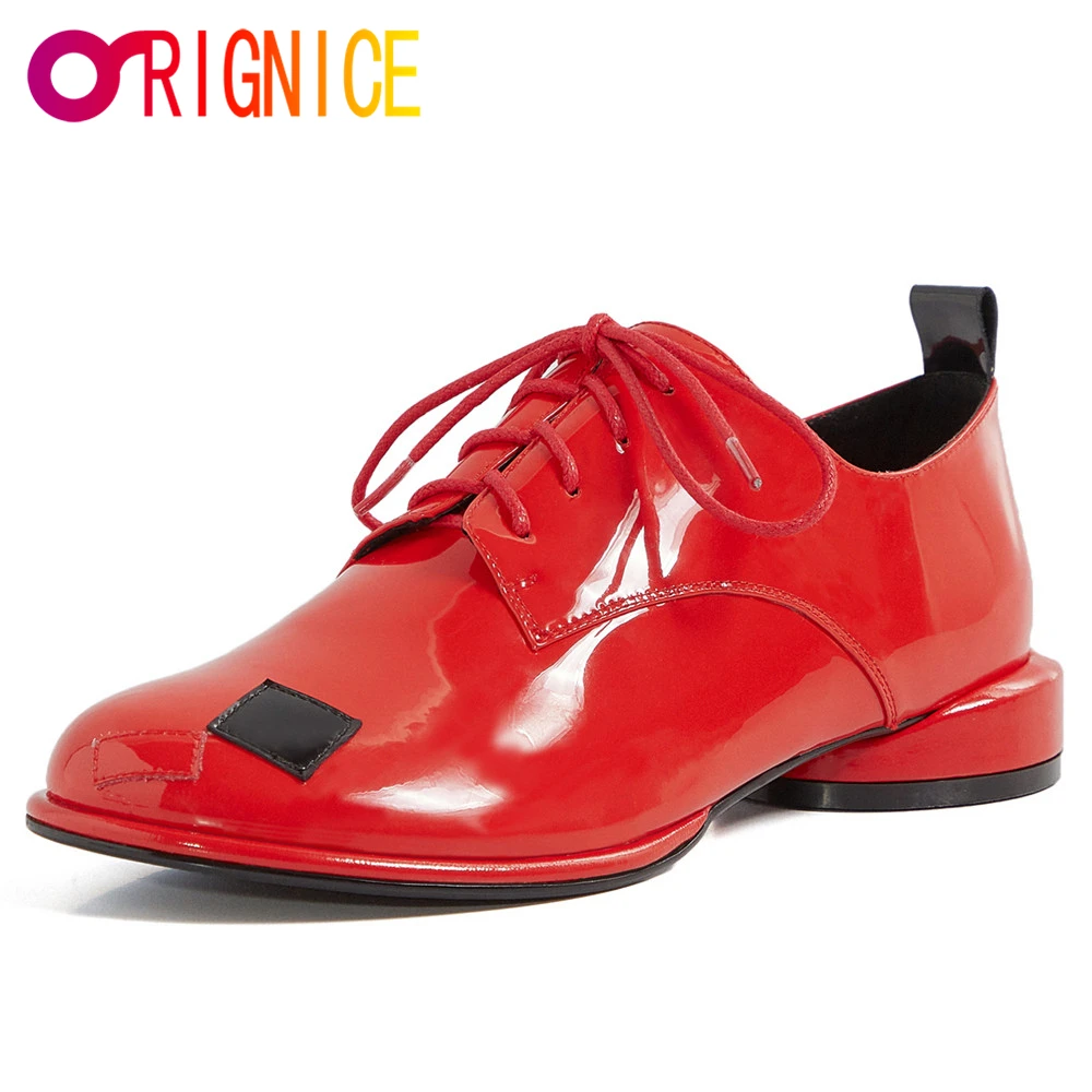 Orignice Fashion Mixed Color Women Patent Leather Pumps Round Toe Lace Up Low Thick Heels Plus Size 34-43 Handmade For Ladies