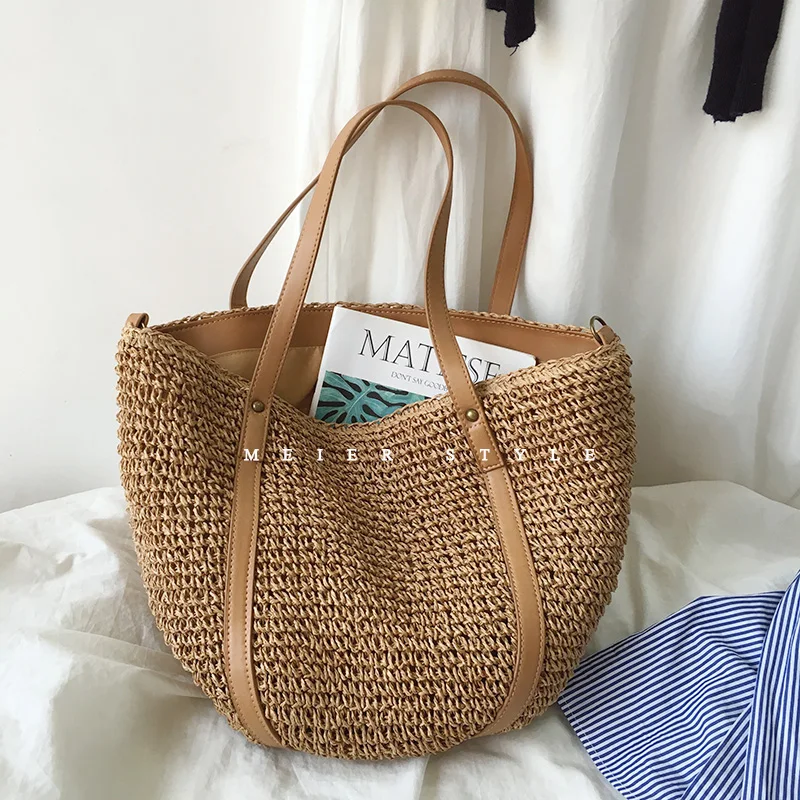 Casual Straw Woven Women Shoulder bag Wicker Handmade Handbags Women\'s bag Bohemian Beach bags for women Large Capacity Shopper