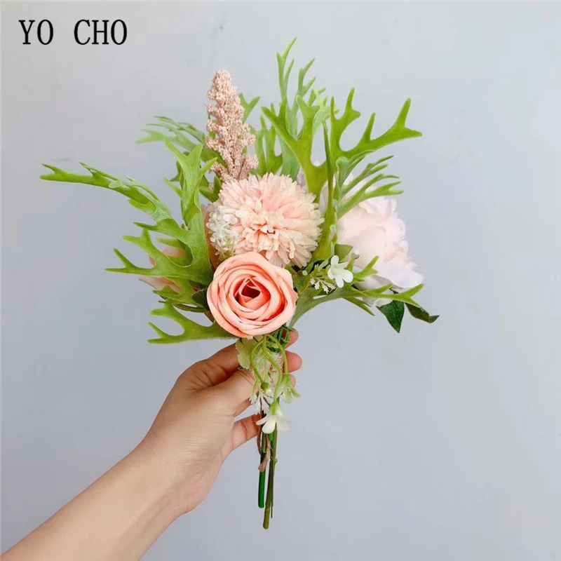 YO CHO-flores artificiales de champán, peonía de seda, rosa, ramo de novia, decoración del hogar, boda, álbum de recortes, bricolaje, ramo Flore de tela