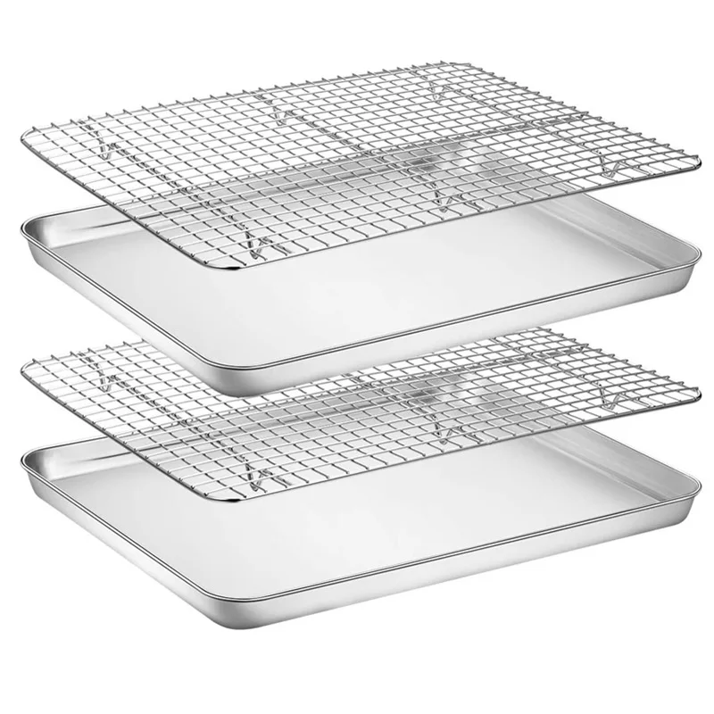 2Pcs/Set Stainless Steel Baking Tray Bread Cake Grid Cooling Rack Bakeware Suit Pizza Barbecue Shelf Kitchen Cooking Utensils